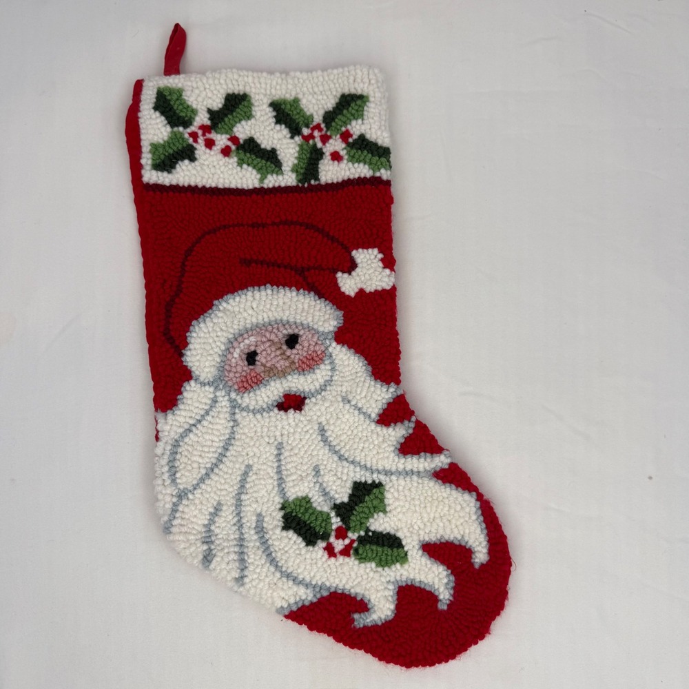 Vintage Santa Claus Hooked Wool Christmas Stocking Red Velvet Back Holly Berries